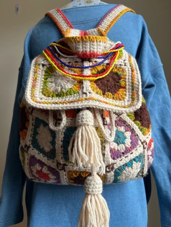 Handcrafted Cream Multicolor Crochet Backpack - Picture 2 of 8